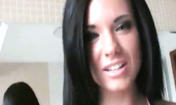 Hot brunette has only her swimming bra on her gorgeous body