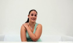 All-natural brunette with small tits is sucking a loaded dick