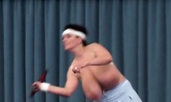 Awesome MILF with big tits is playing tennis while being topless
