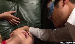Blindfolded slut Nanako Misaki gets fucked on the green sofa