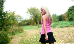 Awesome British blonde in black miniskirt gets fucked in the forest