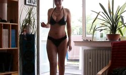 Lovely amateur brunette on high heels jumps up and down on a dick