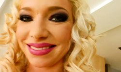 Glamour blonde with awesome jugs plays with a big sex tool