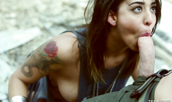 Tattooed babe staying on her knees with dick in the mouth