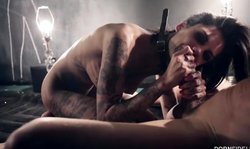 Tattooed partner is getting pounded deep in her small muff