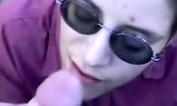 Teen in sunglasses gets nicely facialized by a loaded boner