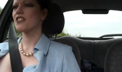 Leggy amateur brunette with round ass flashed her cleavage