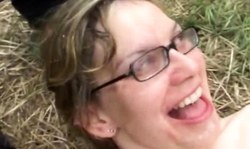 Stunning outdoor french bukkake with a very nerdy slut