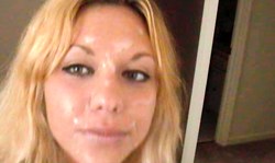 Rich blonde teen shows her cum-covered face in close-up