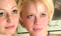 Two slim teens with cute faces are sharing messy facial load