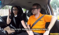 Pigtailed young cutie pleases Fake Driving School teacher