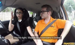 Pigtailed young cutie pleases Fake Driving School teacher