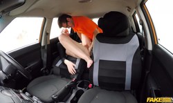 Blonde with big boobs jumps on a hard boner in the van