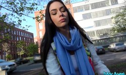 Seductive Russian brunette Arwen Gold gives a blowjob for money