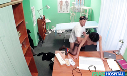 Glamour babe getting drilled in her little cunt by a hot doctor