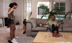 Big-boobed 18 19 brunette jumps up and down on a huge dick