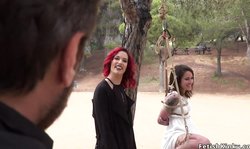 Bound brunette teen fucked in public