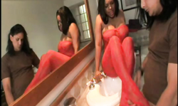 Hot posing action and oral sex with slender milf in red stocking