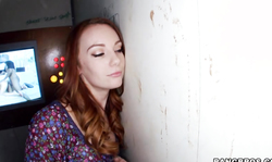 Enjoyable blowjob action in the gloryhole with innocent redhead slut