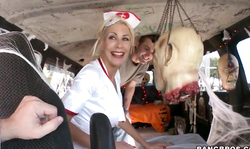 Old van is a perfect place for sex with random chicks in nurse uniform