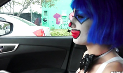 Slutty clown with blue hair get a nice ride in Stranded Teens video