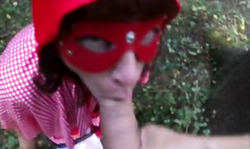 Amazingly sexy masked chick is sucking my dick in the forest