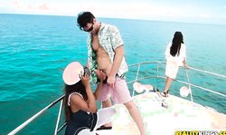 Elegant black model Skyler Nicole is sucking a long dick on a boat