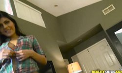 Street Blowjobs astonishing brunette Audrey Royal sucks a big cock on the knees