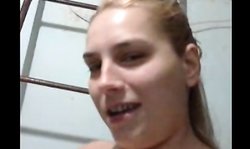 Chubby natural Russian babe with massive boobs plays with her pussy