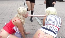 Busty blondes made crawl in public