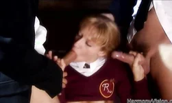 Innocent schoolgirl is sucking two hard cocks on the knees