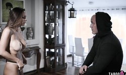 Fearful busty MILF bangs home invador