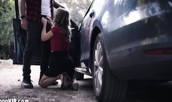 Cute hitchhiker pays with pussy for ride