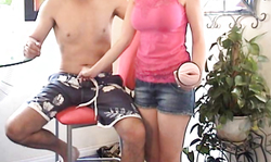 Sweet smiling milf Shanda Fay is wanking his cock by using a flashlight sex toy