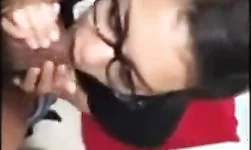 Beautiful black girl glass sucks dick black lipstick facial