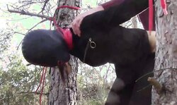 Tied up to a tree outside on yummy clothing,dad wearing pantyhose and high ankle boots heels,father rough fuck