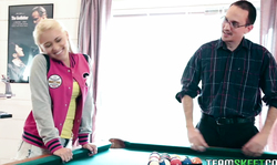 Flexy blonde Marsha May is giving a blowjob for a billiard player