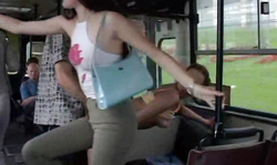 Shameless public banging action in bus with a leggy goddess