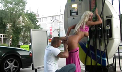 Tanned blonde with perfect body fucked on public at the gas station