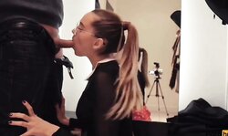 Out-of-doors Oralfucking in a Costume Store.keeps on With Glasses Swallows Cum.