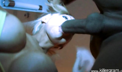 Slutty fake-tit blonde Delta White swallows a big black dick