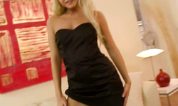 Strict blonde with round booty and hot look takes off her black satin dress