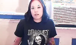 Metal girl spreading her naked legs and showing puss with boobs