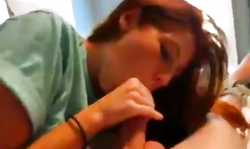 Clothed redhead chick gives head and takes cum in mouth