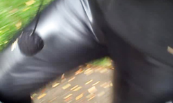 Cute spandex cutie with crazy black mask spotted on the street