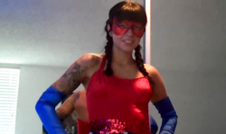 Masked beauty in white boots and awesome Spandex panties