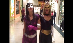 Two amateur spandex babes are walking in the mall