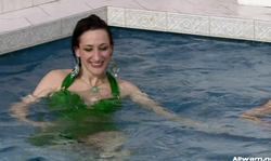 Rich and glamour mademoiselles are enjoying being wet and clothed