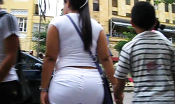 White outfit and a very wide big booty of a brunette!