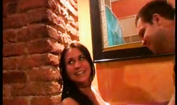 Busty Amateur lady is getting naked in the public bar